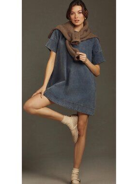 Anthropologie Porridge Denim Short Sleeve Swing Mini Dress Medium Petite